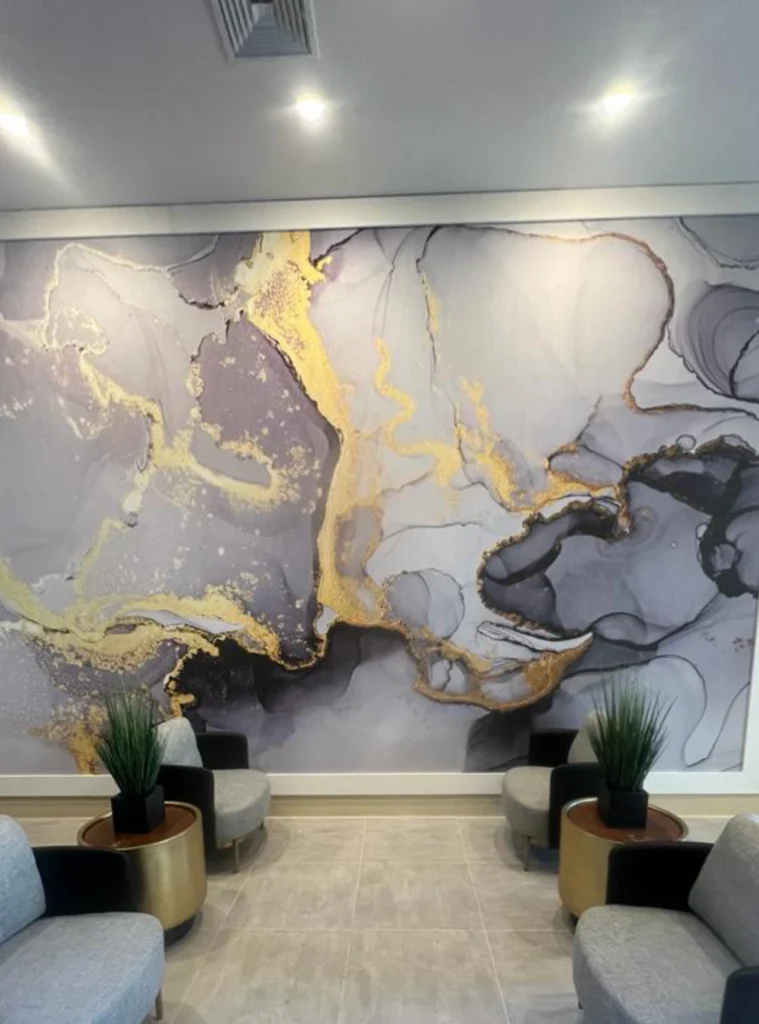 Luxury marble gold wallpaper installed in commercial lobby - M&S Wallpaper NJ