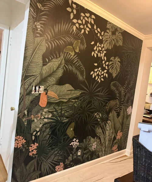 Dark tropical jungle wallpaper installation in progress - M&S Wallpaper New Jersey